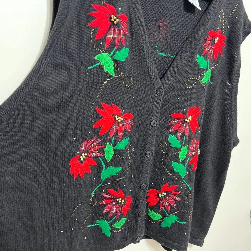 Vtg Bobbie Brooks Ugly Christmas Sweater Sz 24/26 Holiday Poinsettia Beaded Vest